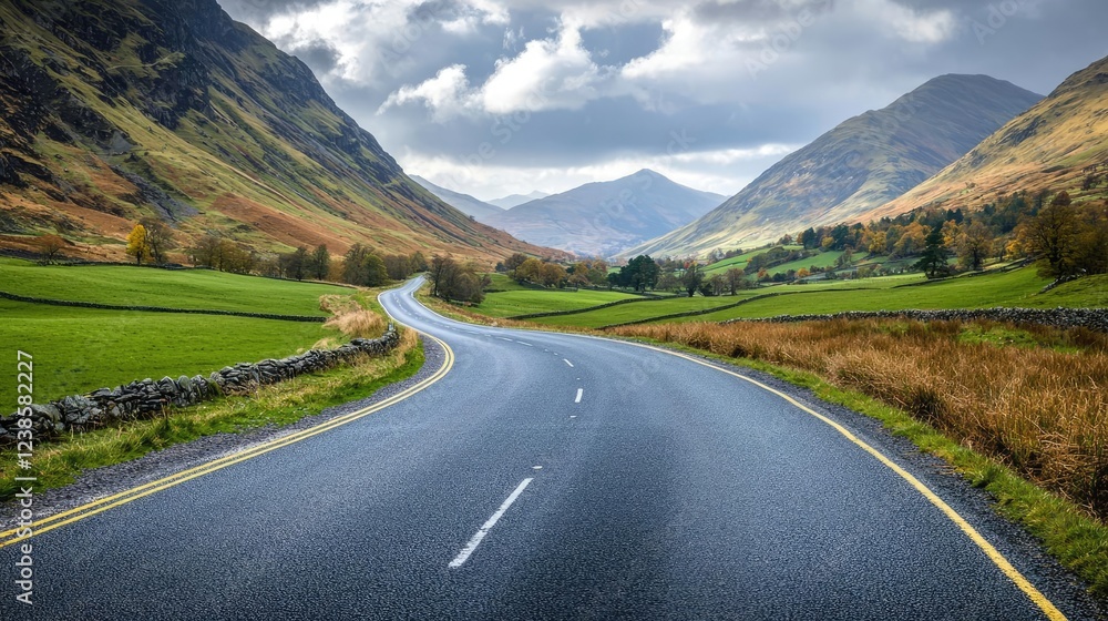 Naklejka premium Countryside roads nature concept. A winding road through majestic mountains and lush green fields under a cloudy sky.