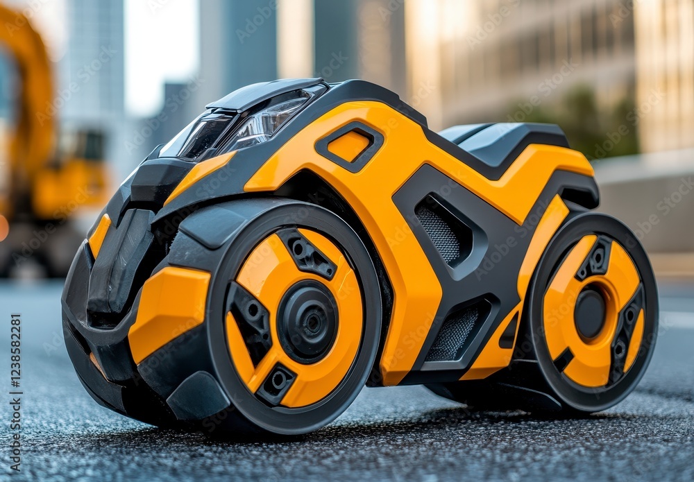 Futuristic yellow and black motorcycle model on a city street, sharp details, urban backdrop. Close up view showcasing design elements Futuristic yellow and black motorcycle model on a city street, sharp details, urban backdrop. Close up view showcasing design elements