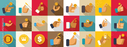 Hand flips coin icons set. Various hand gestures interacting with money, including holding, showing, pointing, and giving thumbs up, representing financial concepts