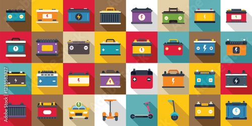 Electricity car accumulator icons set. Colorful accumulator battery icons representing various types of rechargeable power sources for vehicles like cars, scooters, and electronic devices