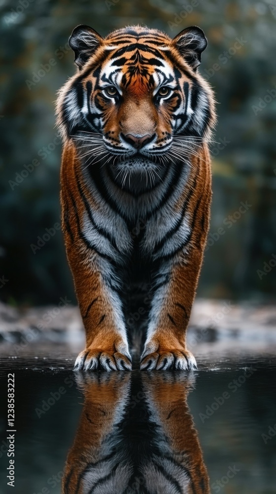 Naklejka premium A strong and ferocious tiger standing on the bank, with a clear reflection of the tiger on the water surface