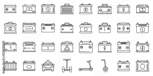 Electricity car accumulator icons set. Different types of batteries providing energy for various vehicles and electronic devices, ensuring power supply and functionality