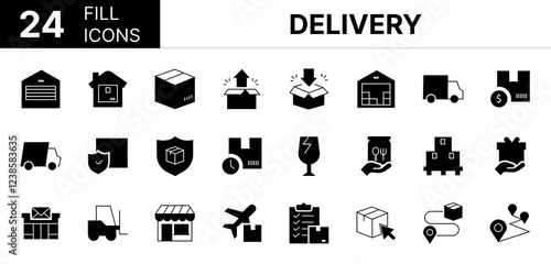 Collection of 24 Delivery fill icons featuring editable strokes. These outline icons depict various modes of Delivery, shipping, service, distribution, logistic, icon, product, shipment, transportatio