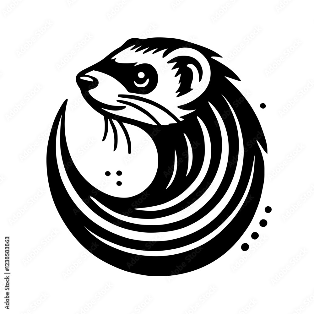 Naklejka premium Ferret Head in a Stylish Circle: Black and White Animal Graphic Design