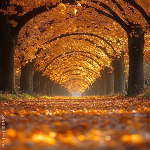 Golden autumn leaves tunnel path.