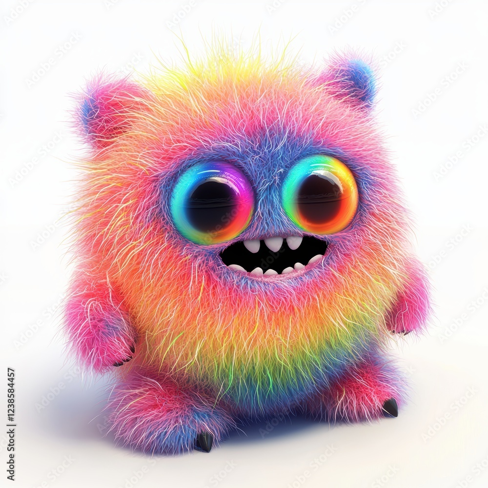 Cute Furry Monster with a Neon Rainbow Pattern, Big Glowing Eyes, and a Mischievous Smile, Soft Fluffy Texture, Isolated on White Background Cute Furry Monster with a Neon Rainbow Pattern, Big Glowing Eyes, and a Mischievous Smile, Soft Fluffy Texture, Isolated on White Background