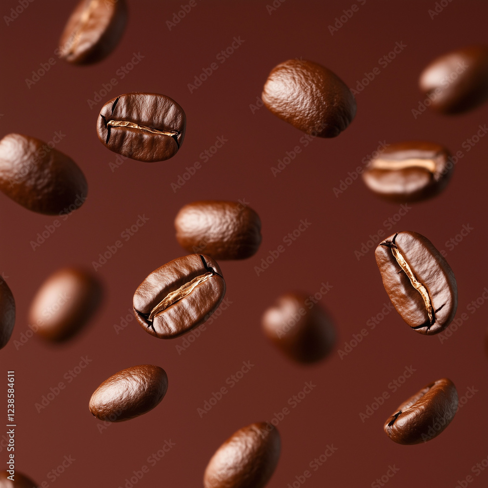 A burst of coffee beans suspended in motion against a brown background A burst of coffee beans suspended in motion against a brown background
