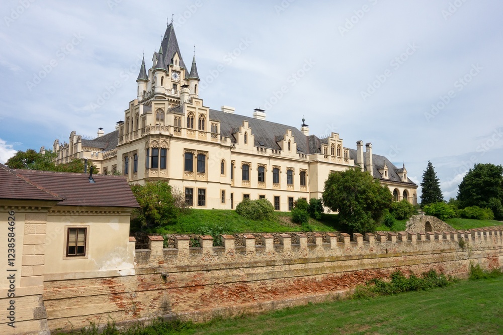 Landscape of Grafenneg Castle in Austria with moat