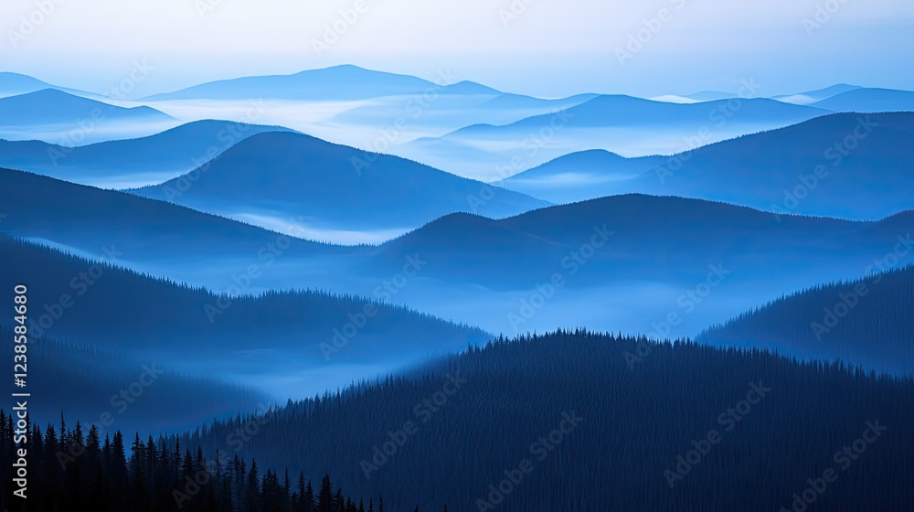 Serene mountain range at dawn with misty layers of blue hills and a calming atmosphere Serene mountain range at dawn with misty layers of blue hills and a calming atmosphere