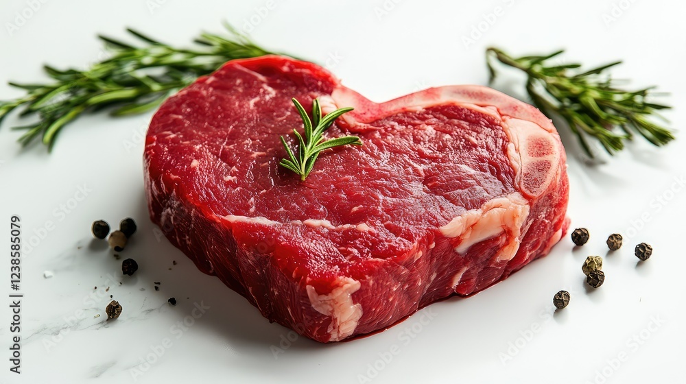 Fresh Heart-Shaped Raw Red Meat with Rosemary Sprigs and Peppercorns on a White Background for Culinary and Recipe Inspiration Fresh Heart-Shaped Raw Red Meat with Rosemary Sprigs and Peppercorns on a White Background for Culinary and Recipe Inspiration