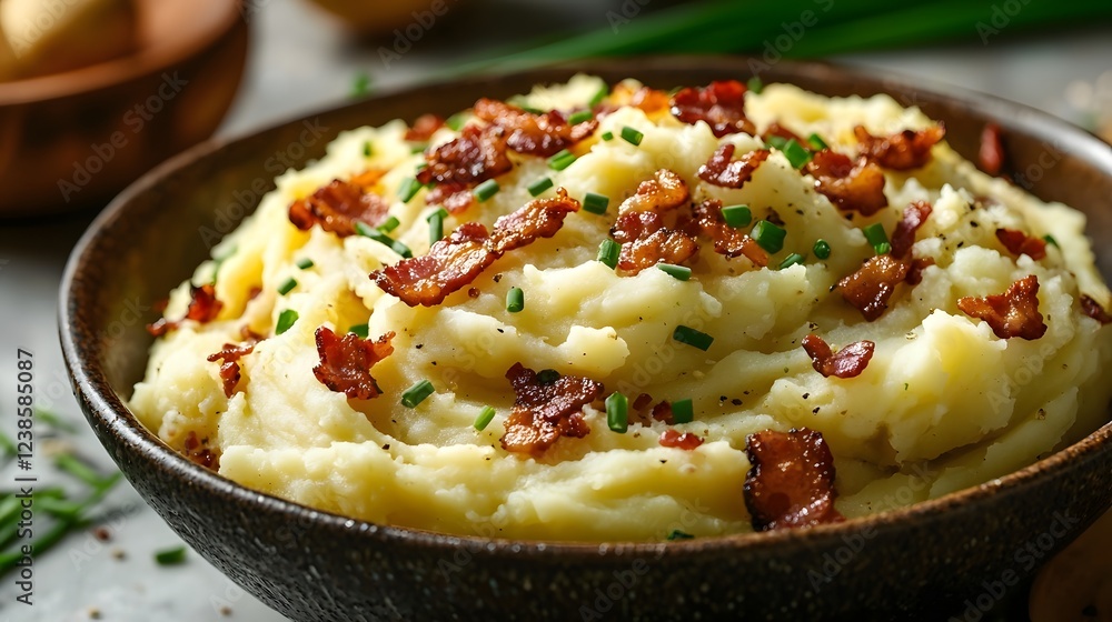 Plump and Velvety Mashed Potatoes with Crispy Bacon Bits and Fragrant Chives Plump and Velvety Mashed Potatoes with Crispy Bacon Bits and Fragrant Chives