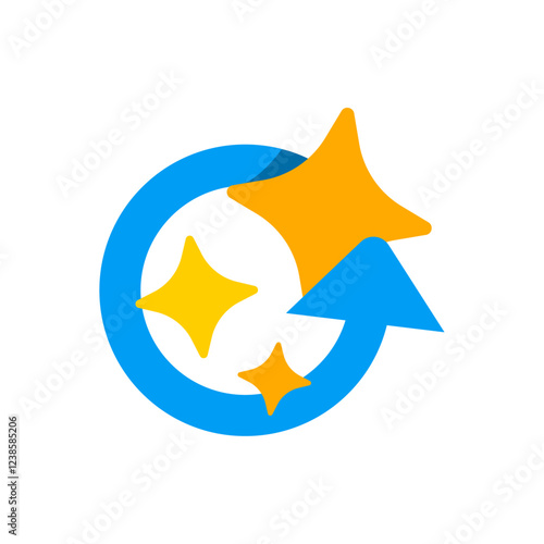 Flat illustration of a circular arrow with a sparkling effect, symbolizing automation, auto fill, or AI powered processes. represents efficiency, smart technology, and seamless workflow automation
