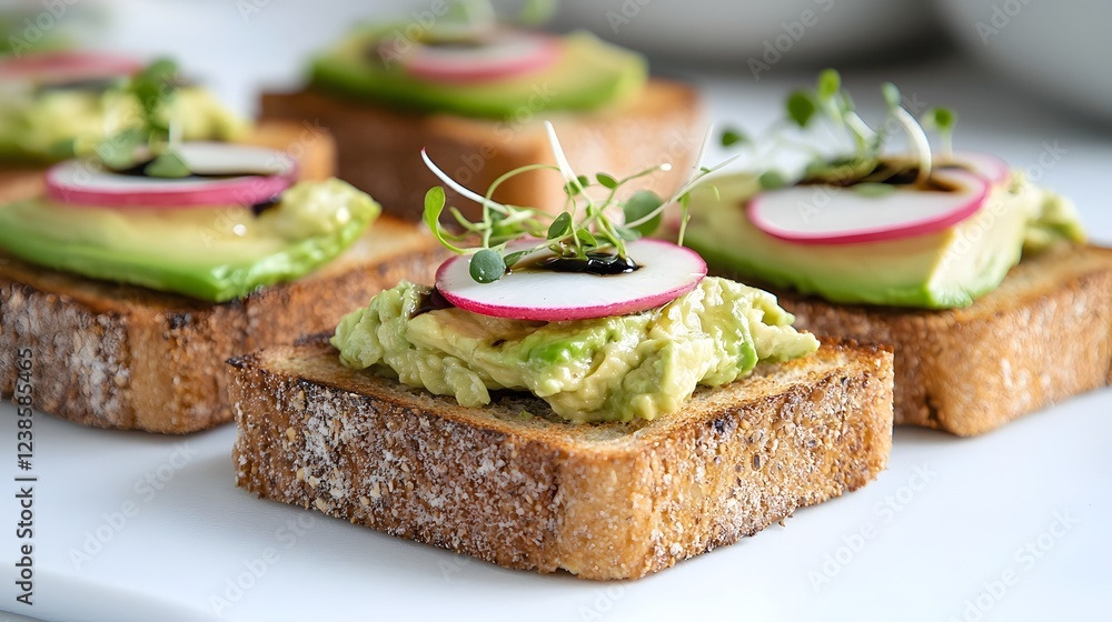 Hearty Whole-Grain Toast with Mashed Avocado, Radish, Balsamic, and Microgreens on Minimalist White Background Hearty Whole-Grain Toast with Mashed Avocado, Radish, Balsamic, and Microgreens on Minimalist White Background