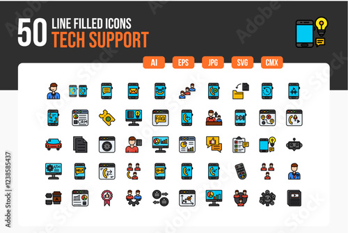  Set of 50 Tech Support Icons. Line Filled Icon Collection