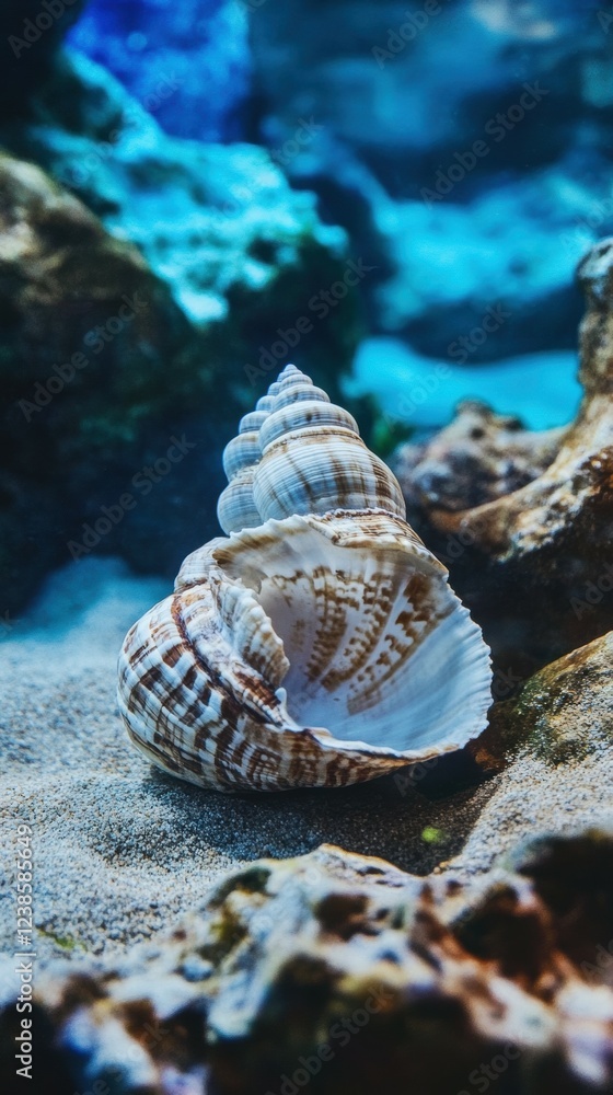 Underwater world, real shells, blue water Underwater world, real shells, blue water