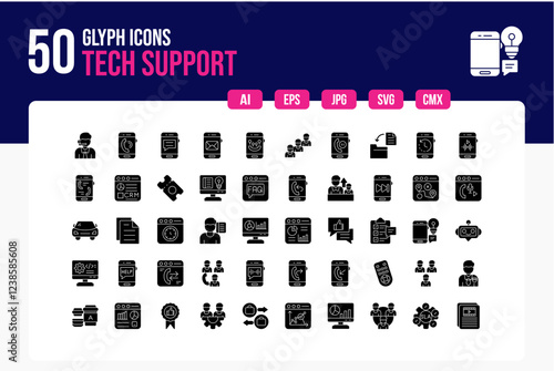  Set of 50 Tech Support Icons. Glyph Icon Collection