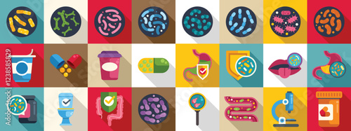 Lactobacilli icons set. Maintaining good gut flora with probiotics promotes health and strengthens the body's natural defenses