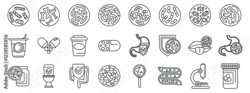 Lactobacilli icons set. Maintaining good digestive health with probiotics, enhancing immunity, and preventing infections with healthy food and medicine