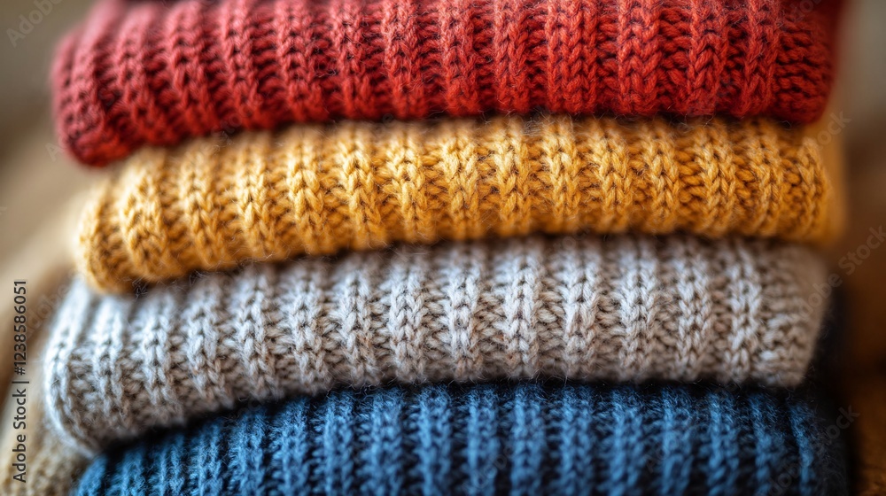 Warm cozy sweaters neatly stacked display rich autumnal hues. AI Generated Warm cozy sweaters neatly stacked display rich autumnal hues. AI Generated