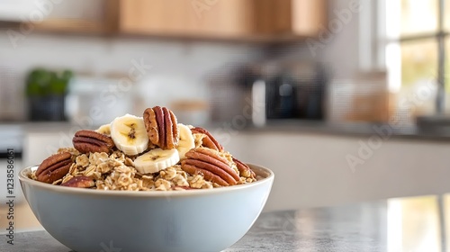 Homemade Banana Oat Breakfast Bowl with Toasted Pecans and Honey photo