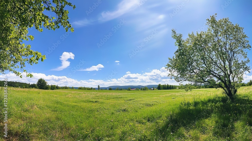 Beautiful green meadow with a tree and blue sky background Beautiful green meadow with a tree and blue sky background
