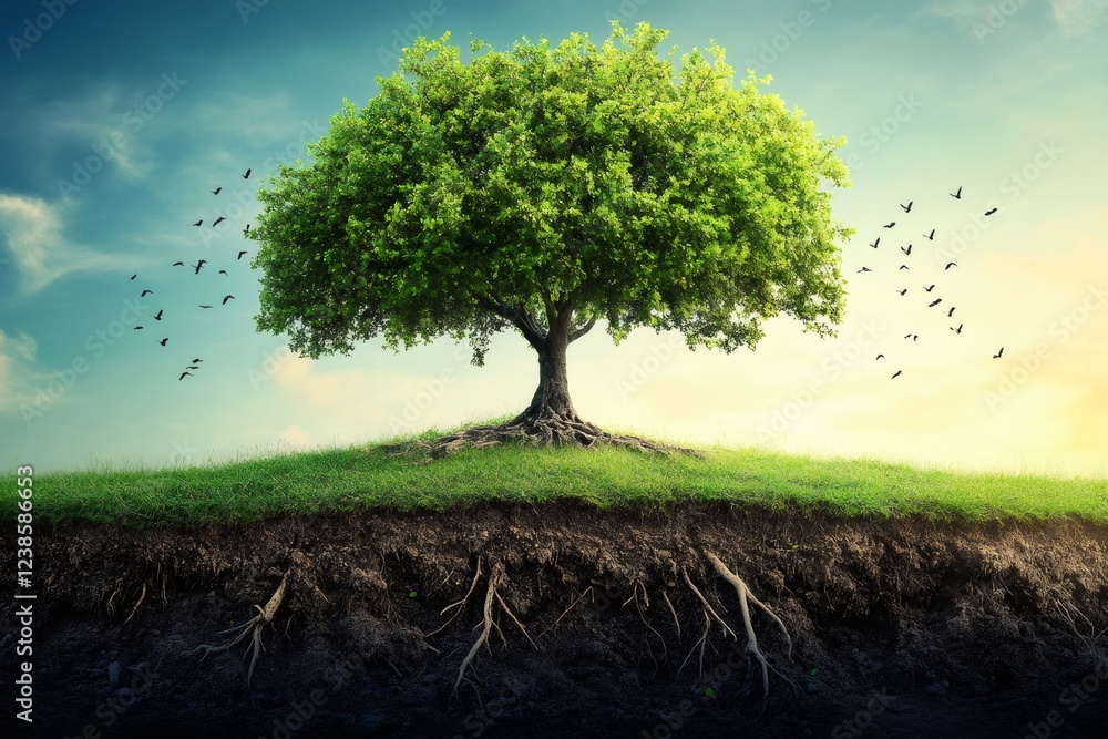Obraz premium Large tree with roots showing and birds flying on grassy hill at sunset