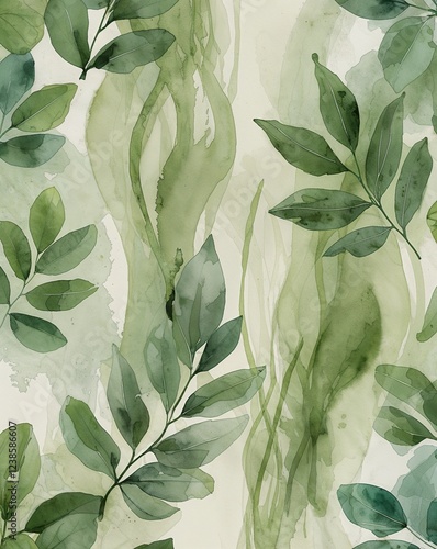 Light olive green with soft leaf textures and flowing watercolor streaks abstract background
