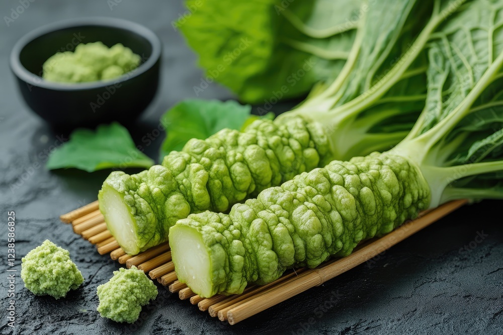 Fresh wasabi stems with leaves and wasabi paste on dark background Fresh wasabi stems with leaves and wasabi paste on dark background