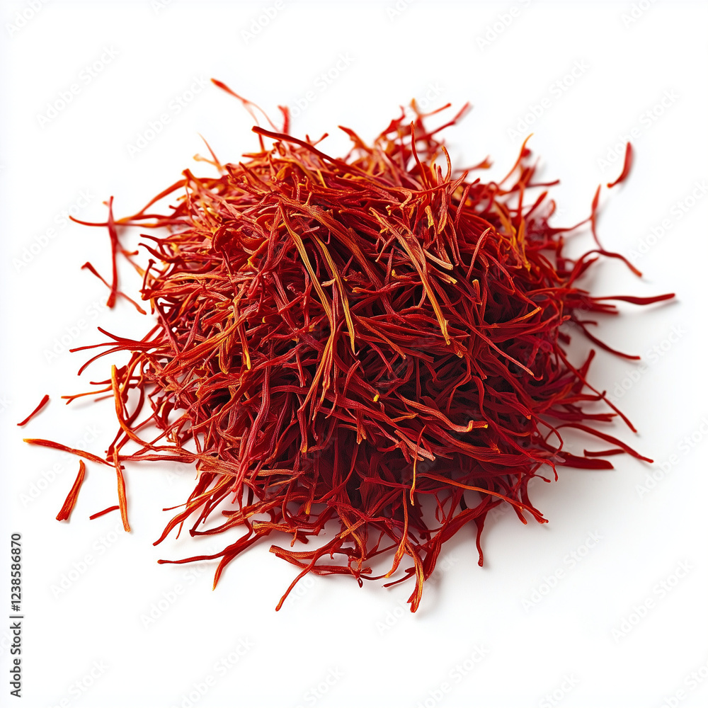 Naklejka premium Fresh saffron strands with a deep red hue, placed on a white background.