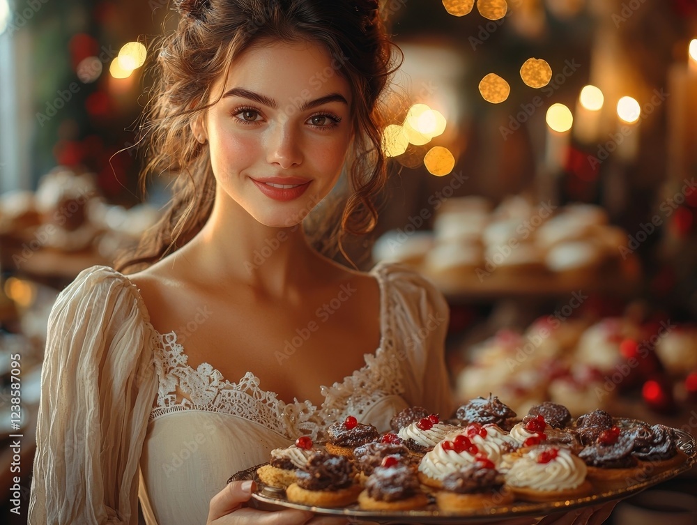 Confident Host Presents Holiday Desserts with Festive Home Glowing in the Background Confident Host Presents Holiday Desserts with Festive Home Glowing in the Background
