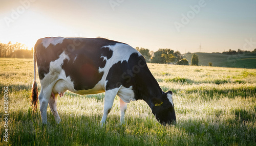 single holstein cow with black and white spots grazing within the pasture subject photo