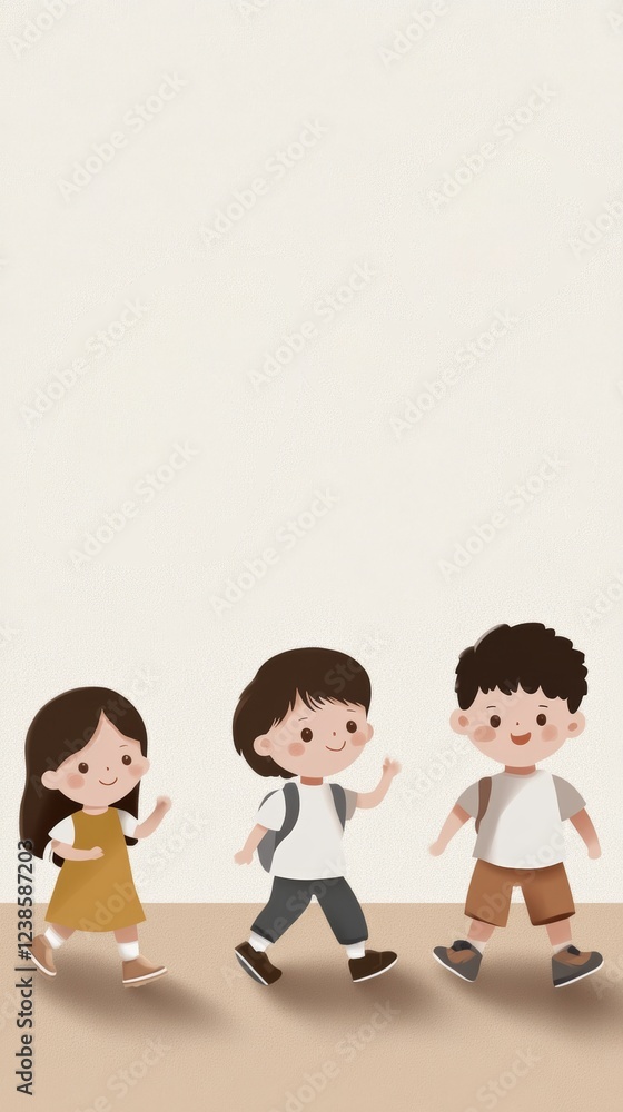 Three children walk together on a smooth surface, enjoying their time outdoors in a charming and peaceful setting Three children walk together on a smooth surface, enjoying their time outdoors in a charming and peaceful setting