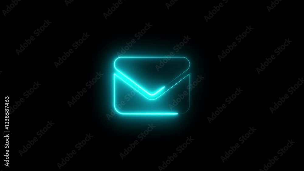 Neon symbol envelope icon cyan color glowing animation with black background