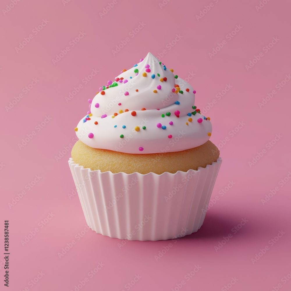 A 3D cartoon illustration of a cupcake with sprinkles and frosting, minimalistic background. A 3D cartoon illustration of a cupcake with sprinkles and frosting, minimalistic background.
