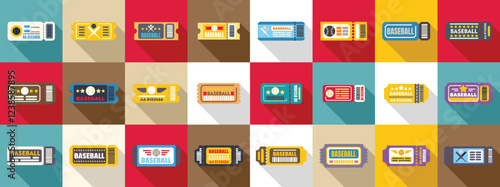 Ticket baseball icons set. Set of colorful baseball tickets with different designs, representing entry to a baseball game