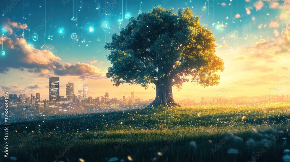 Obraz premium A vibrant green meadow with a grand tree under a clear blue sky