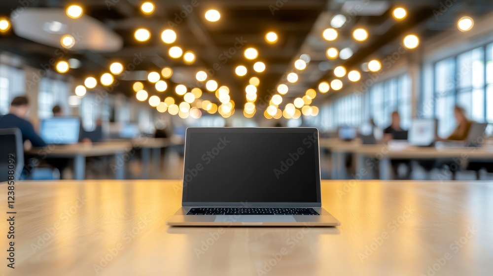 © A4719 - Laptop with blank screen on light wooden table in a modern office setting. The background is blurred, showing people working, and warm overhead © A4719 - Laptop with blank screen on light wooden table in a modern office setting. The background is blurred, showing people working, and warm overhead