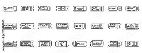 Ticket baseball icons set. Various baseball ticket icons representing entry to a game, season passes, or vip access