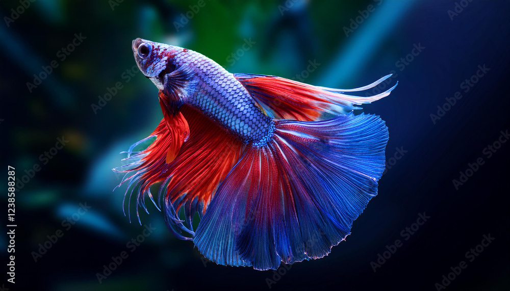 Obraz premium betta fish with flowing tail swims in the underwater world