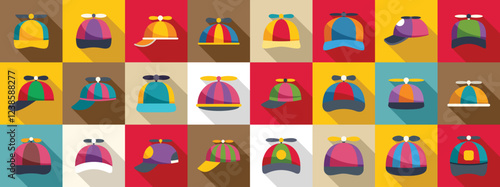 Cap propeller icons set. Set of propeller beanie hats in different colors and styles, adding a playful touch to any design