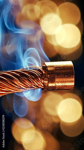 Twisted copper wire emits smoke against a blurred background of glowing lights