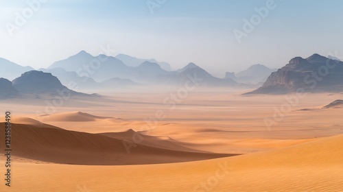 Serene desert landscape bathed in soft morning light golden sand dunes gently rolling towards hazy mountains. AI Generated