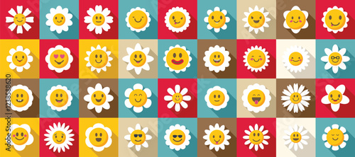 Chamomile smile icons set. Flat design daisy flower character showing various emotions icons set, long shadow, colorful background