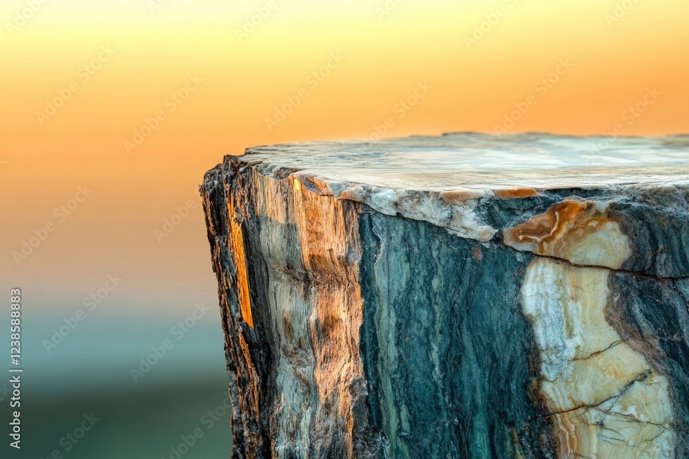 A polished petrified wood slab with a flat top, showcasing its unique grain and color variations against a warm sunset backdrop. A polished petrified wood slab with a flat top, showcasing its unique grain and color variations against a warm sunset backdrop.