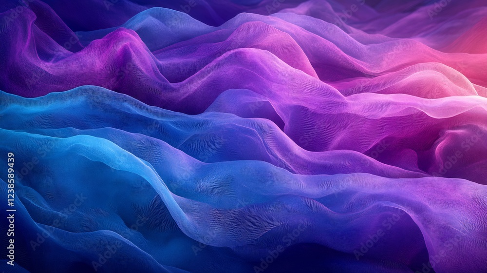 Fototapeta premium Vibrant purple blue fabric softly drapes creating elegant flowing waves. AI Generated