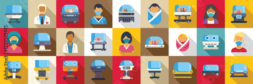 Incubator baby icons set. Medical professionals attending to newborns in incubators, ensuring their health and well being in a neonatal intensive care unit