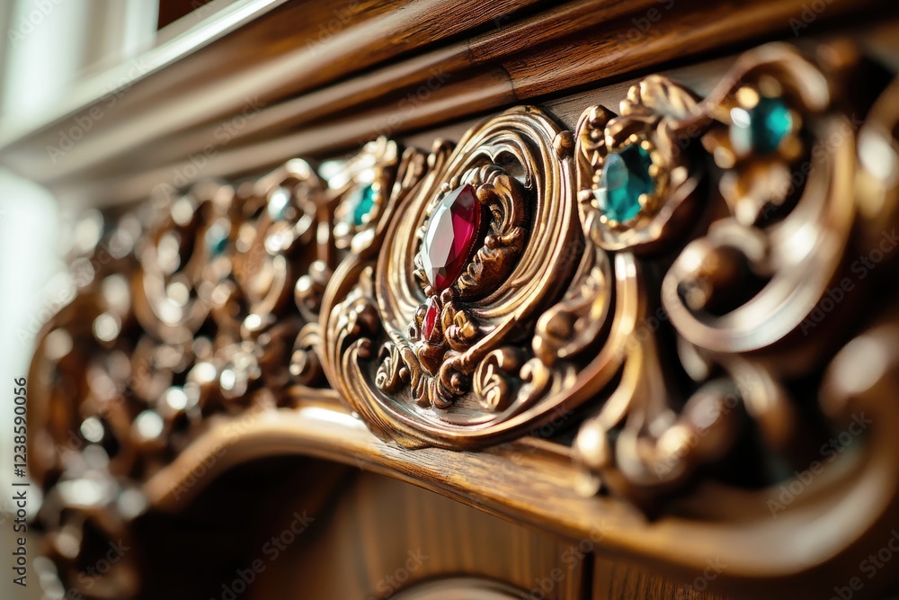 Ornate wooden furniture with intricate carvings and inlaid gemstones, showcasing luxurious craftsmanship. Ornate wooden furniture with intricate carvings and inlaid gemstones, showcasing luxurious craftsmanship.