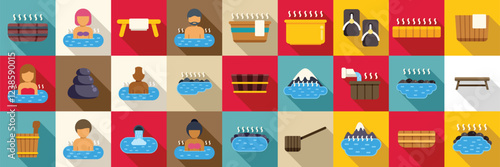 Japanese onsen icons set. Colorful icons represent various aspects of hot springs, onsen, and spa culture, showcasing relaxation, wellness, and sauna experiences
