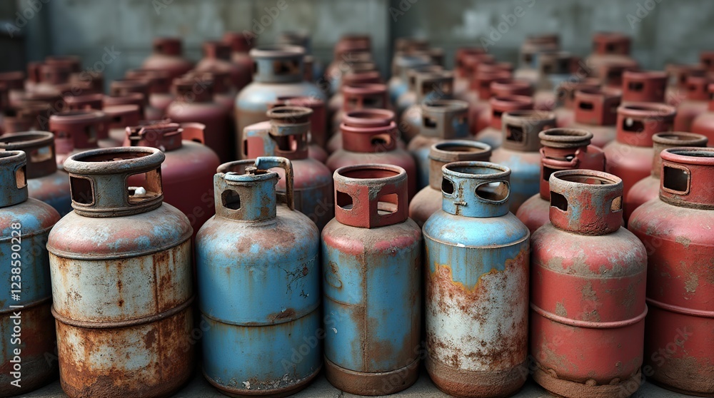 Weathered LPG Gas Cylinders Arranged in Rows in an Industrial Setting Weathered LPG Gas Cylinders Arranged in Rows in an Industrial Setting