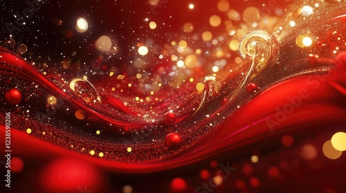 Abstract red and gold background with sparkling lights, flowing waves, and festive decorations, perfect for holiday or celebration themes in digital design projects.